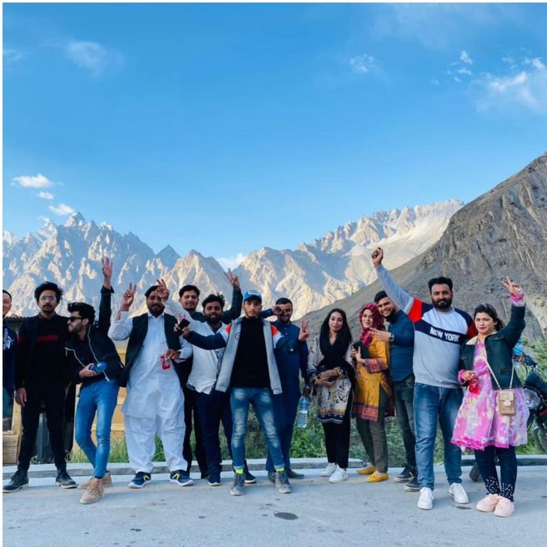 Travel group in front of Passu Cones, Hunza